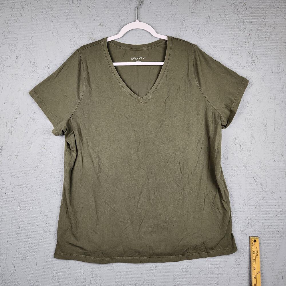 Ava & Viv Shirt Womens 2XL Olive Green V Neck Short Sleeve Stretch Lightweight